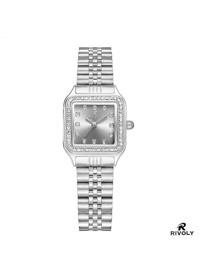 Women's wristwatch with a stainless steel bracelet and a zircon-studded dial.